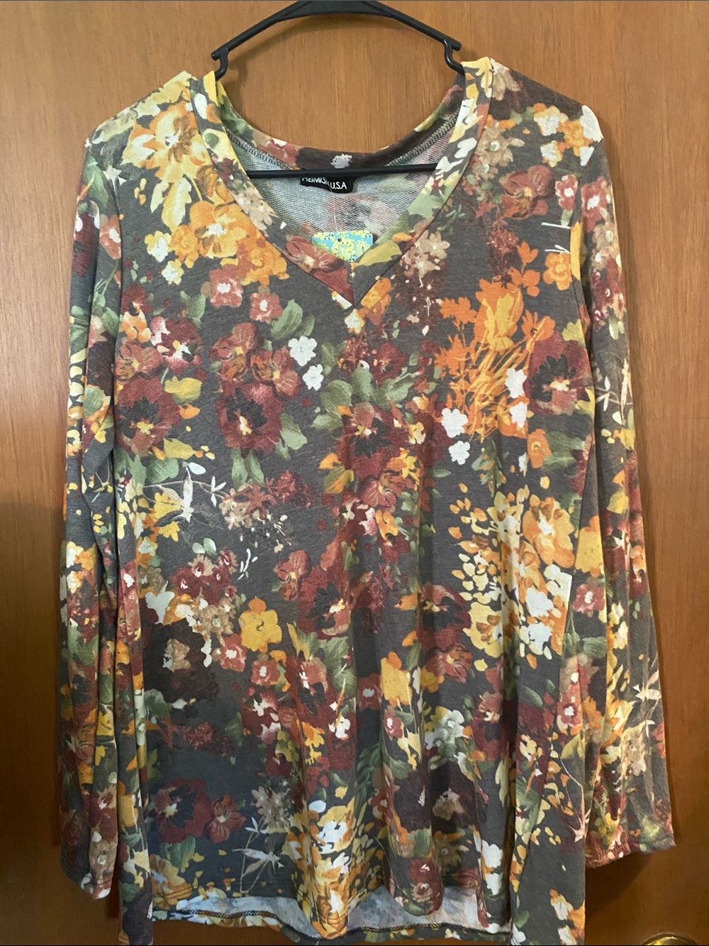 HEIMISH USA Floral V-Neck Long Sleeve Top in Charcoal, Mustard & Olive